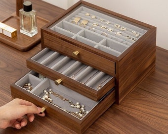 Caja de joyería de madera de nogal con cubierta de vidrio, organizador de joyas, caja de joyería simple, almacenamiento organizador de collar de pulsera de pendiente grande