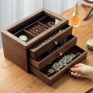 Walnut Wooden Jewelry Box with Glass cover, Jewelry Organizer, Simple Jewelry Box, Large Earring Bracelet Necklace Organizer Storage