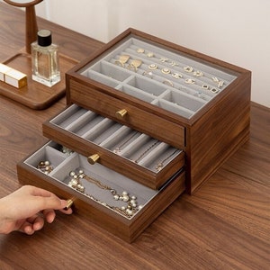 Walnut Wooden Jewelry Box with Glass cover, Jewelry Organizer, Simple Jewelry Box, Large Earring Bracelet Necklace Organizer Storage