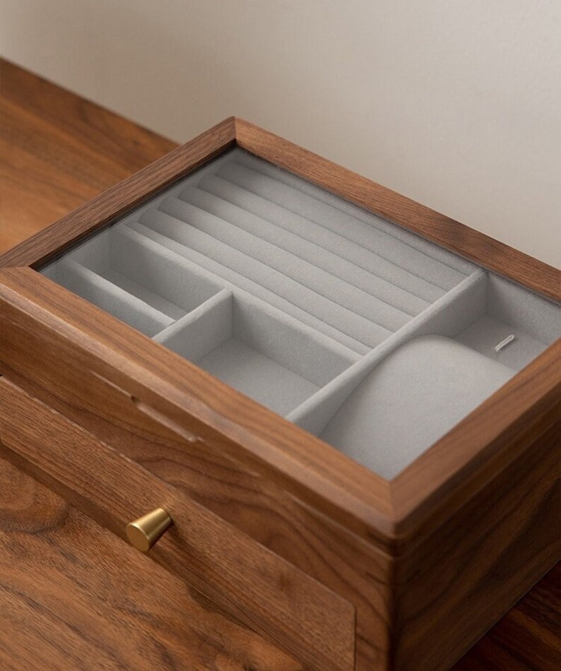 Walnut Wooden Jewelry Box With Glass Cover, Jewelry Organizer, Simple