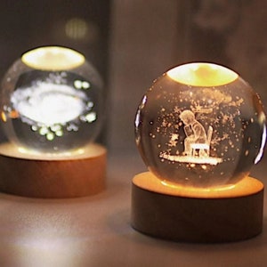 Personalized Engraved 3D Laser Carved Galaxy Crystal Ball, Wooden Based Crystal Snow Globe, Customized Night Light Gift