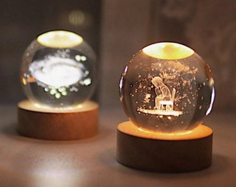 Personalized Engraved 3D Laser Carved Galaxy Crystal Ball, Wooden Based Crystal Snow Globe, Customized Night Light Gift
