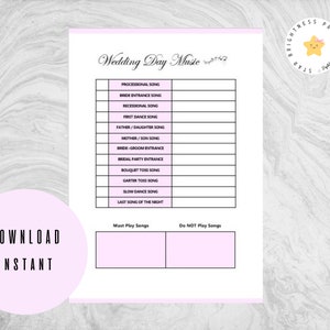Printable Wedding Song List, Wedding Playlist, Wedding Music List, DJ Song List, Wedding DJ Questionnaire, Wedding Processional Songs, PDF
