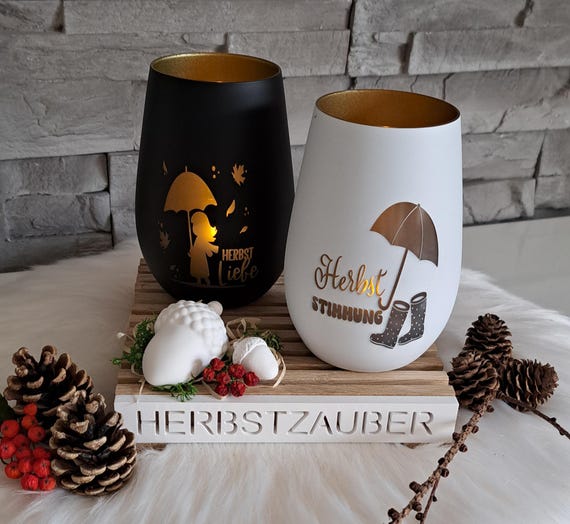 Windlicht mit Gravur Herbst Liebe, Herbst Stimmung, Kristallglas, Kerzenständer mit eingravierten Spruch, Geschenk, Mitbringsel, Herbst Glas