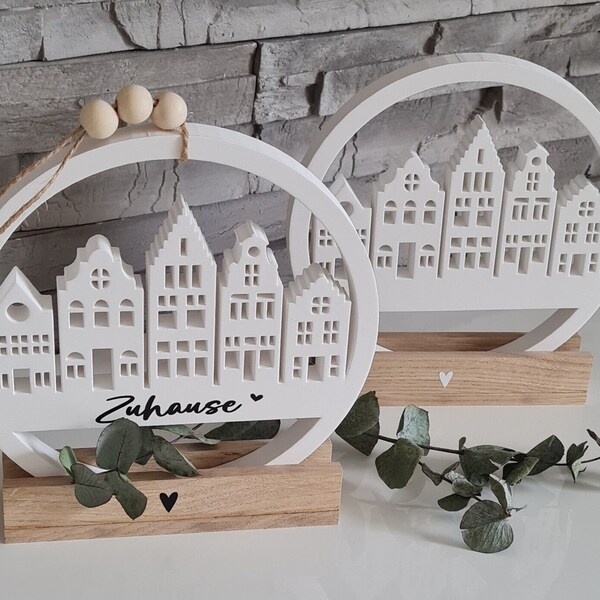 Häuserloop mit Holz Ständer, Häuserloop zum hängen, Häuserkranz, Dekoring,  Zuhause, Geschenk, Mitbringsel, Dekoration, Türkranz
