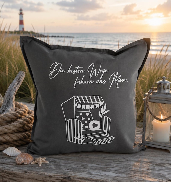 Maritime Kissenhülle, Kissenbezug Strandkorb mit Spruch, Dekokissen, Deko, Dekoration