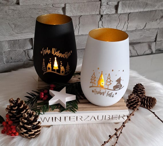 Windlicht mit Gravur Frohe Weihnachten, Frohes Fest, Kristallglas, Kerzenständer mit eingravierten Spruch, Geschenk, Weihnachten, Advent