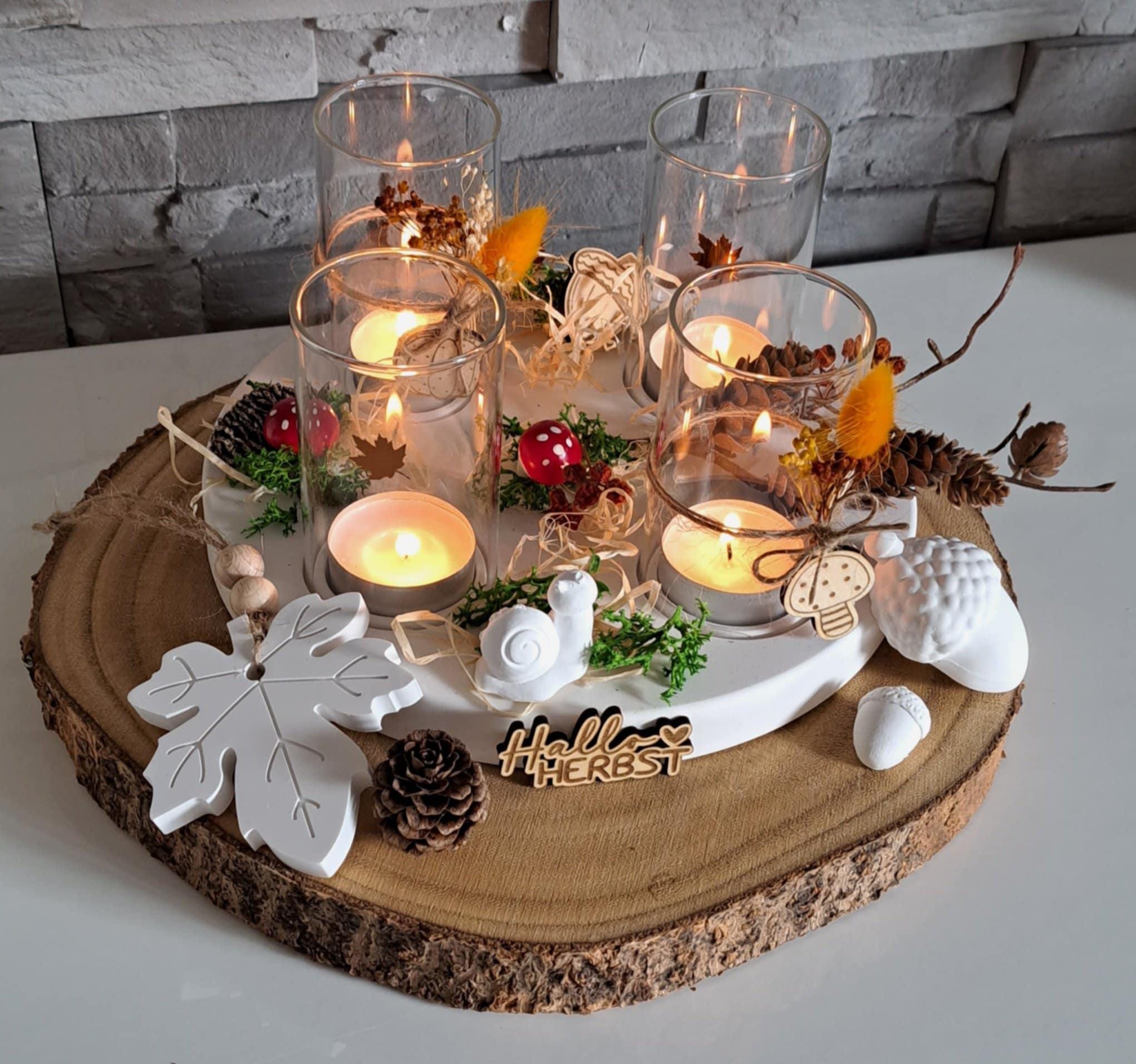 Herbstdeko Set, Tischdekoration, Windlichtteller, Kerzenständer für 4 Teelichter, Glaswindlichter, Raysin, Herbst, Geschenk, Mitbringsel