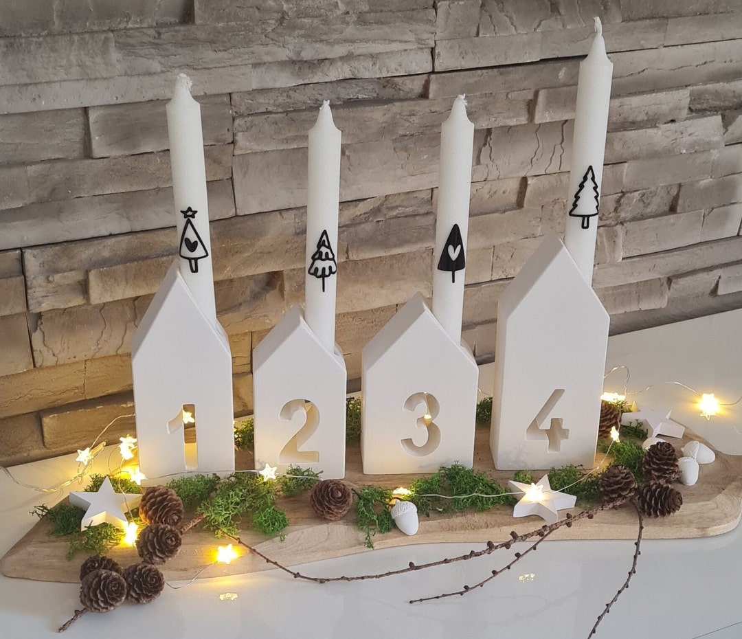 Adventszahlen Kerzenhalter Holz - 4-teiliges Set Mit Weihnachtsmotiven