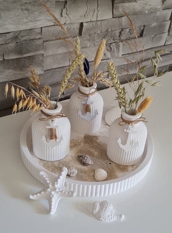 Vase mit Rillen, Set Vase mit Anker und Trockengras, Deko Vase, Maritime Deko Vase