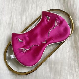Beautiful 100% Natural Mulberry Silk Sleeping Cat Eye mask, embroidered cat sleeping mask with adjustable strap, anti- wrinkle Rose red