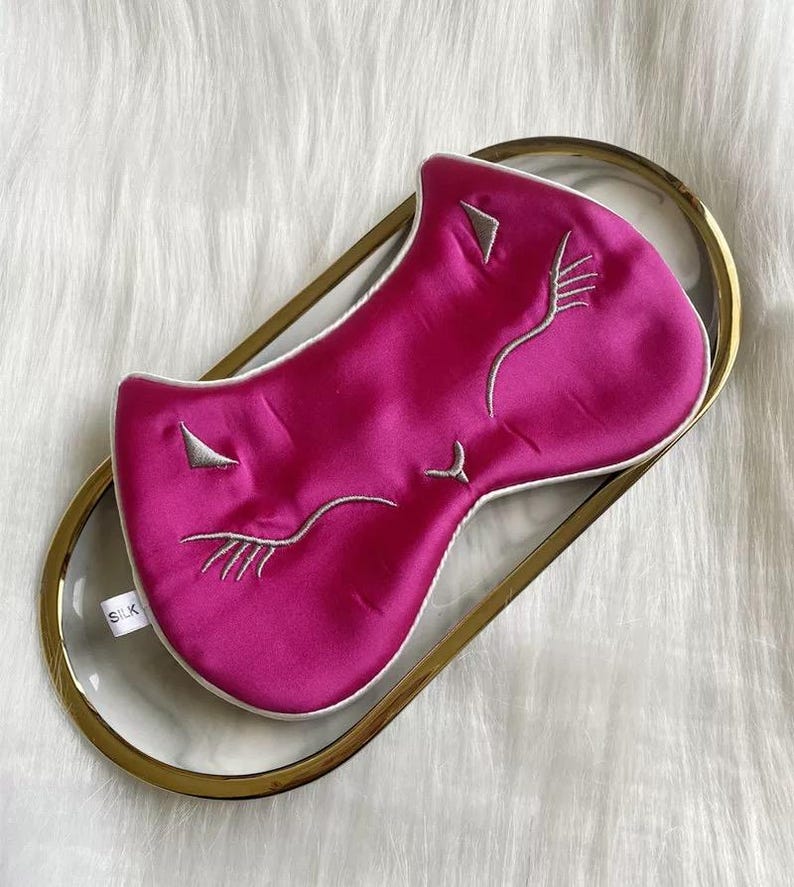Beautiful 100% Natural Mulberry Silk Sleeping Cat Eye mask, embroidered cat sleeping mask with adjustable strap, anti- wrinkle Rose red