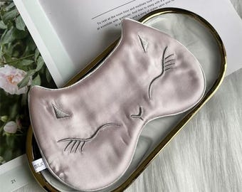 Beautiful 100% Natural Mulberry Silk Sleeping Cat Eye mask, embroidered cat sleeping mask with adjustable strap, anti- wrinkle