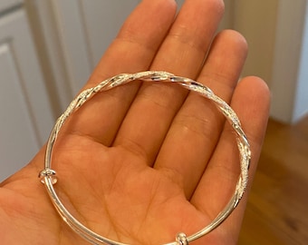 999 Solid Silver Twisted Bangle Bracelet, Adjustable Stacking Bangle