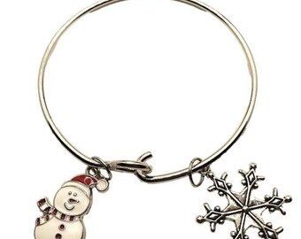 Women's Teen Girl's Christmas Snowflake and snowman silver alloy bangle bracelet