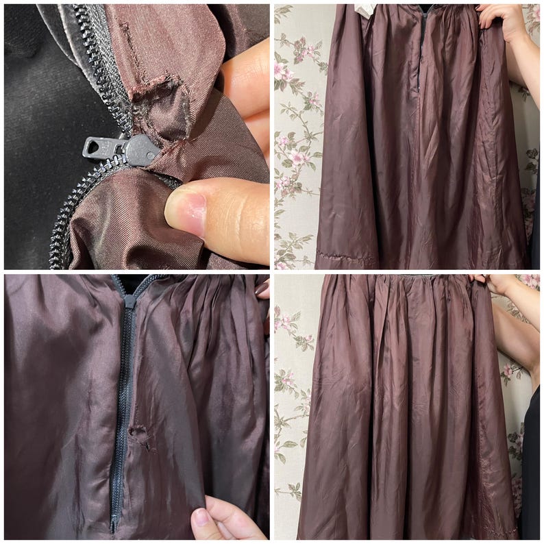 May include: Close-up shots of a brown garment with a zipper, showing details of the fabric and construction. The zipper is black, and the fabric appears to be a smooth, possibly silk-like material. The garment is likely a jacket or coat.