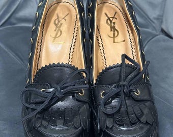 YVES SAINT LAURENT Couture Pumps, Y2K,  Black , Peek-a-boo Toes, Loafer Style, Rock,Size 37 1/2 , Made in Italy, Platform Heels, Estate Find