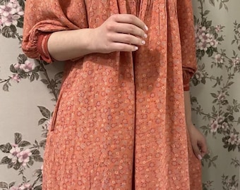 Vintage 1980s Nauvkraft Rosbach Folk Indian Partridge Block Print Quilted Cotton Floral Smock Dress Hippie Boho Dress