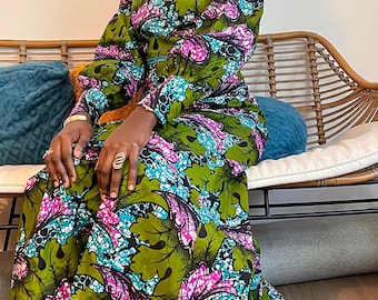 Robe de soirée longue en wax avec traine