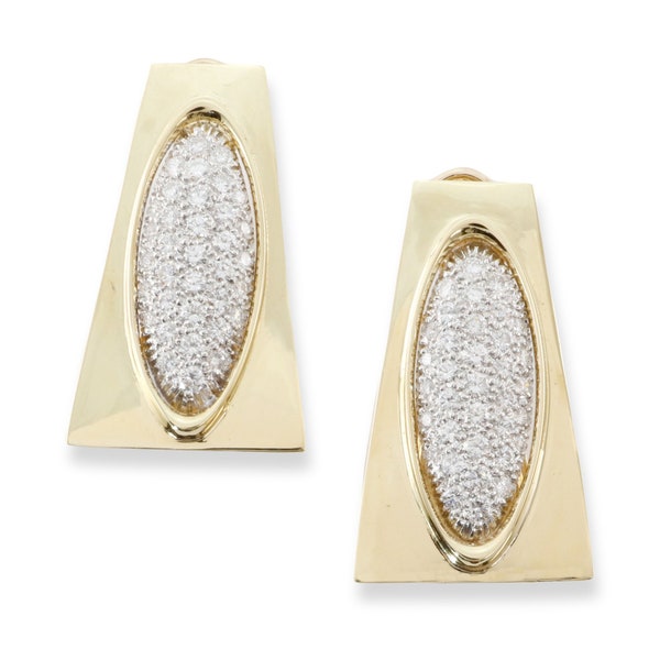 large henry dunay 18k yellow gold diamond 3 cttw geometric shield earrings