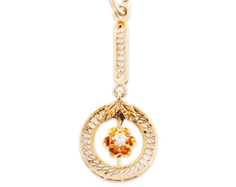 victorian antique 14k yellow gold diamond rose motif lavalier pendant