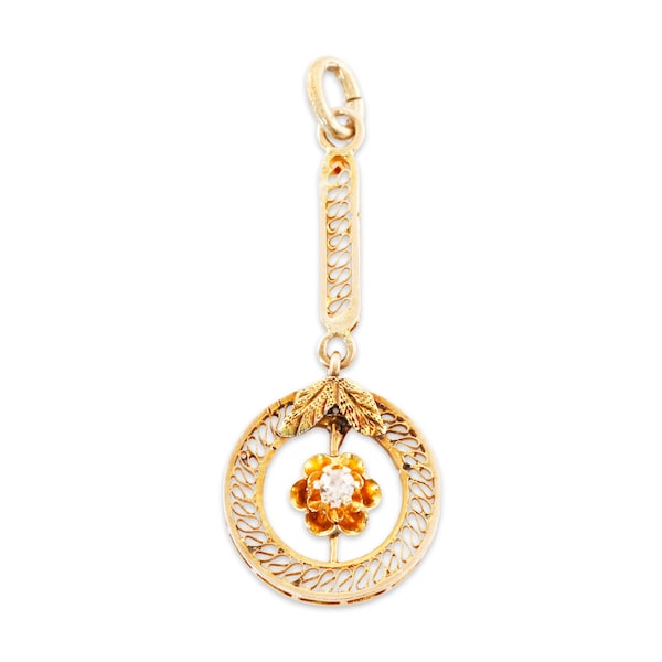 victorian antique 14k yellow gold diamond rose motif lavalier pendant