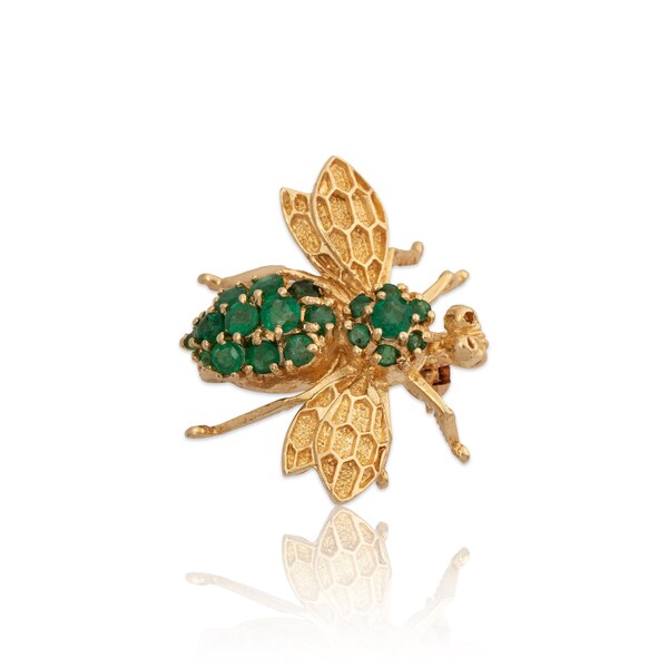 figural vintage 14k yellow gold emerald bee pin / pendant