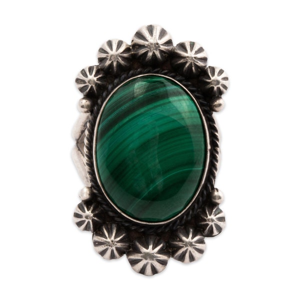 native american m & r calladitto navajo sterling malachite applied ring 7.75