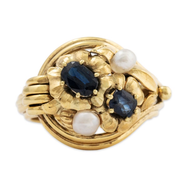 vintage 14k yellow gold sapphire pearl floral ring 8