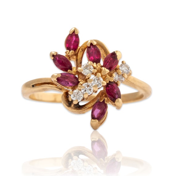 vintage 14k yellow gold ruby diamond cluster ring… - image 1