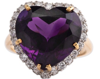 vintage 14k gold 11.5ct heart shaped amethyst .6cttw diamond cocktail ring 7