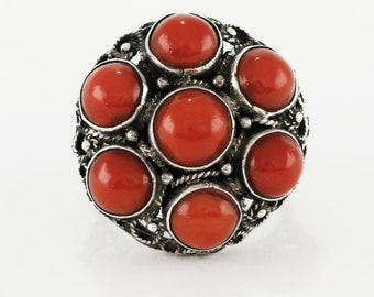 vintage sterling silver red mediterranean coral cluster ring 6.25