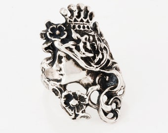 art nouveau antique sterling silver woman crown portrait ring size 6.25