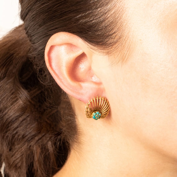 vintage 18k yellow gold turquoise fan clip on ear… - image 2