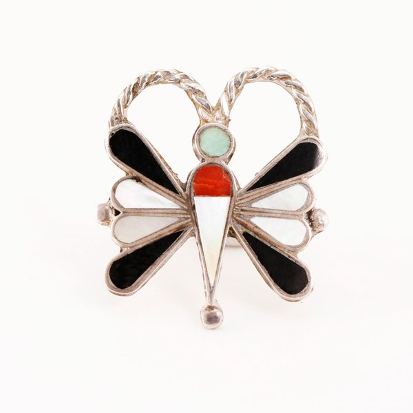 old pawn zuni sterling silver mop onyx coral turquoise inlay dragonfly ring 5.75