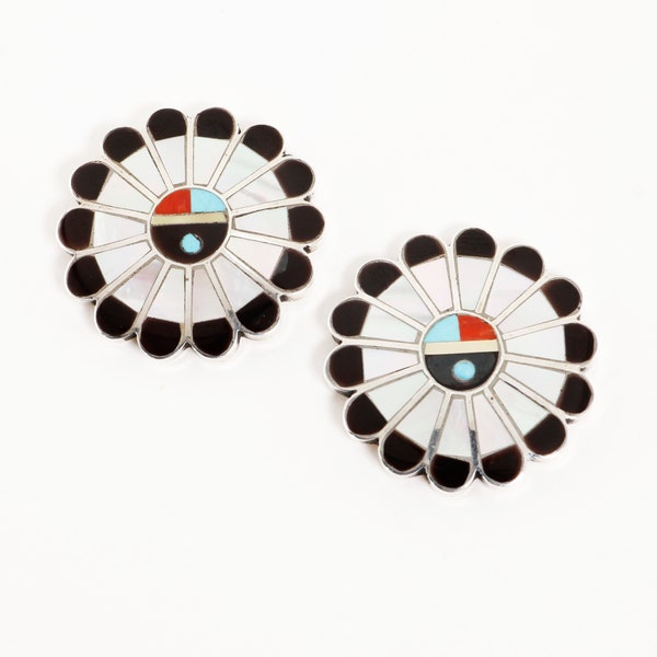 adrian wallace sterling turquoise coral onyx mop inlay sunface stud earrings