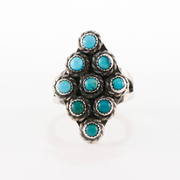 old pawn sterling silver blue snake eye turquoise cluster rope border ring 5.75"