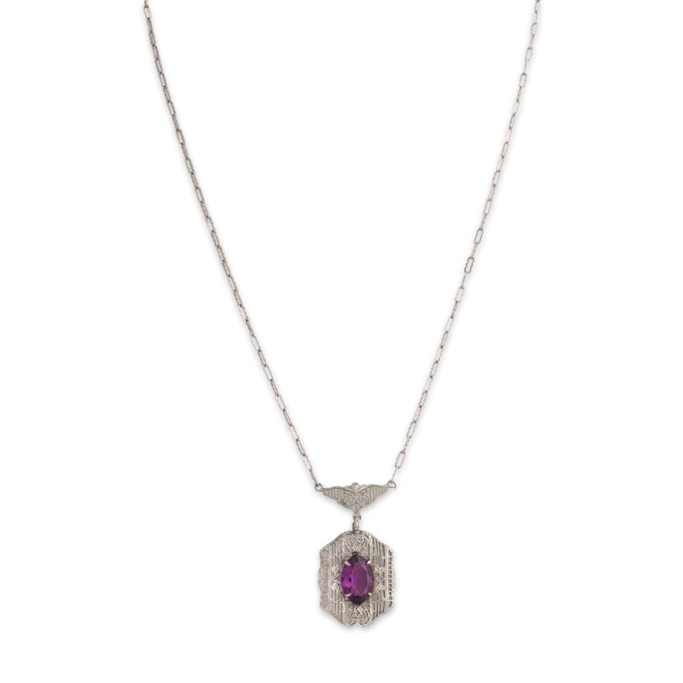 art deco antique metal purple glass pendant necklace 16