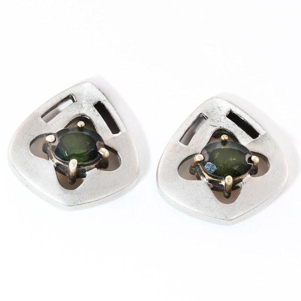 vintage sterling silver & vermeil green tourmaline cut outs stud earrings