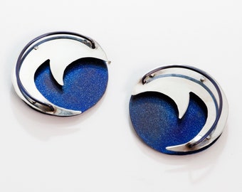 vintage sterling mixed metal blue enamel abstract cutout circle stud earrings