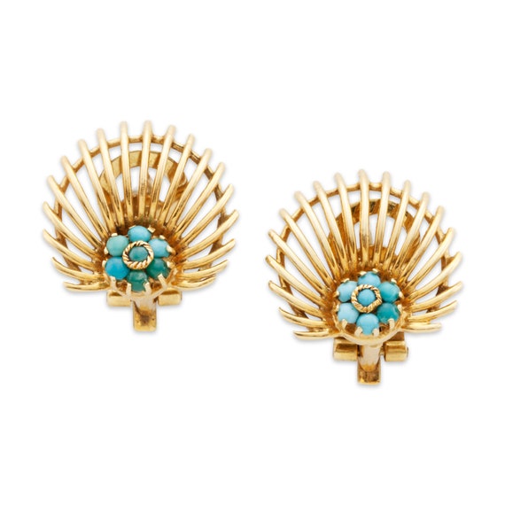 vintage 18k yellow gold turquoise fan clip on ear… - image 1