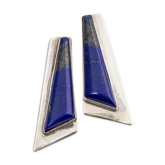 large vintage sterling silver lapis modernist ear… - image 1