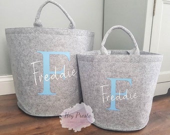 Personalised Toy Basket, Felt Storage, Customised Grey Trug, Toy Box, Childrens, Kids, Baby, Nursery Storage, Baby Shower Gift, Toy Bucket