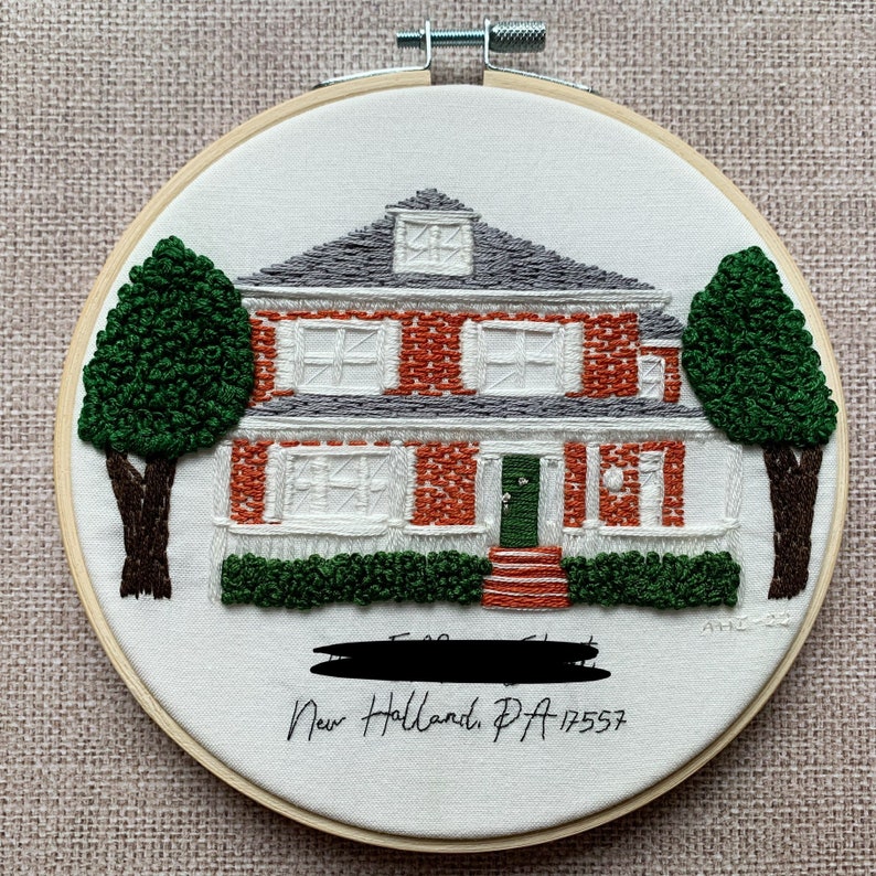 Embroidered House Portrait house warming gift hand embroidery gift custom home portrait family heirloom 5" Hoop