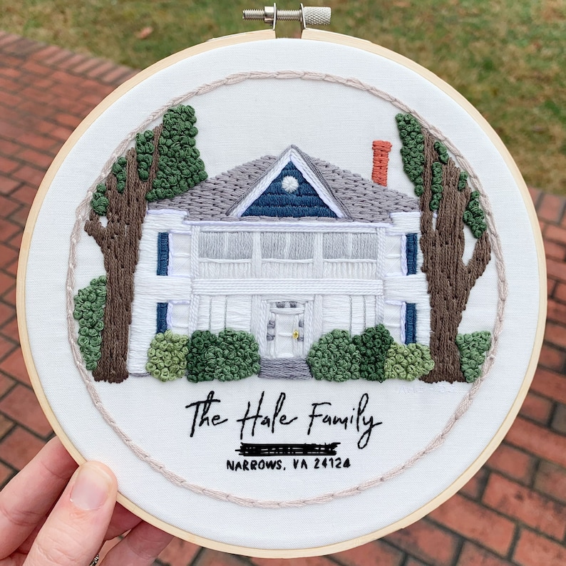 Embroidered House Portrait house warming gift hand embroidery gift custom home portrait family heirloom image 1