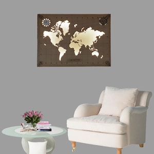 Carte du monde en bois personnalisable avec lumières LED et horloge, oeuvre d'art mural 3D, carte de voyage lumineuse, décoration d'intérieur moderne, cadeau unique pour les voyageurs