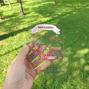 Convite de PVC transparente com detalhes de bicicleta, convite de casamento de PVC de luxo, convites de casamento, convite de aniversário
