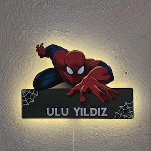 Custom Spiderman LED Door Sign, Personalized Superhero Night Light, Kids Room Name Sign
