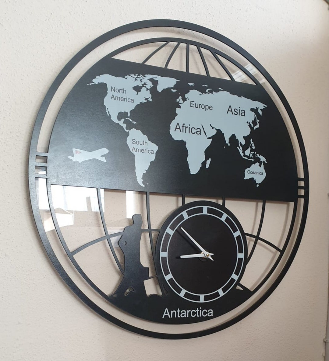 World Map Clock, Map Wooden and Acrylic Wall Clock, Large World Wall