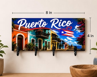 Puerto Rico Key Holder Wall Decor – 8x4 Inch Wooden Key Rack – Colorful Caribbean House Design – Puerto Rico Gift